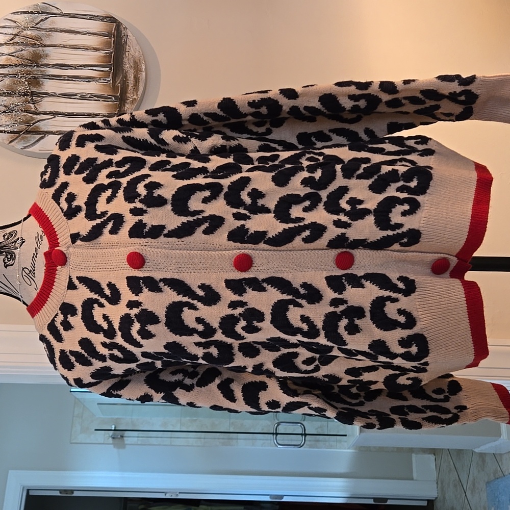 Chunky Cardigan in black beige burnout acrylic knit with red buttons Sweater